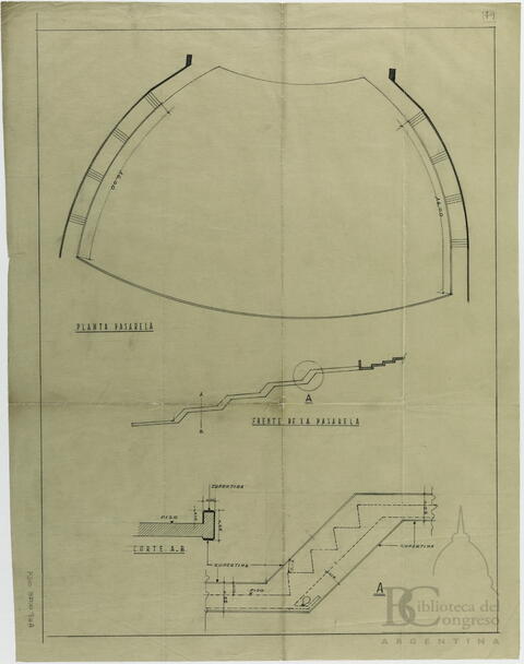 [Planta y frente de pasarela, corte A-B. Plano]