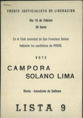 [Volante de la Lista 9 del FREJULI con convocatoria a  actividad electoral en Quilmes]