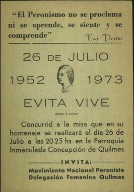 [Volante del Movimiento Nacional Peronista (Delegación Femenina Quilmes) con invitación a la misa en memoria de Evita]