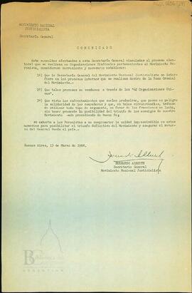 [Comunicado de la Secretaría General del Movimiento Nacional Justicialista]