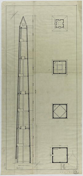 [Obelisco. Corte en altura de plantas con indicación de planta de acceso. Plano]