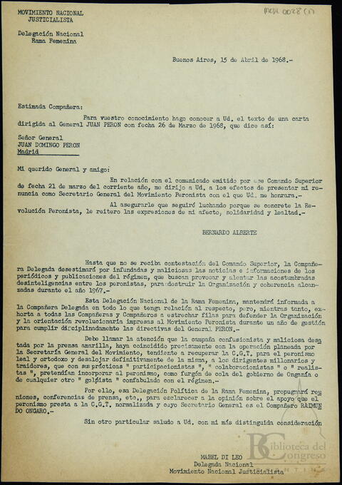 [Comunicado firmado por Mabel Di Leo dirigido a las delegadas de la Rama Femenina]