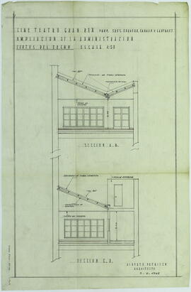 "Cine Teatro Gran Rex. Ampliación de la administración. Cortes del techo"  [Plano]