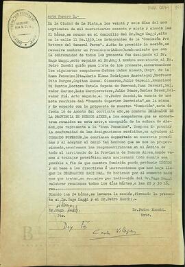 [Acta de reunión de los integrantes de la Comisión Pro Retorno del General Perón y de la Rama Femenina]